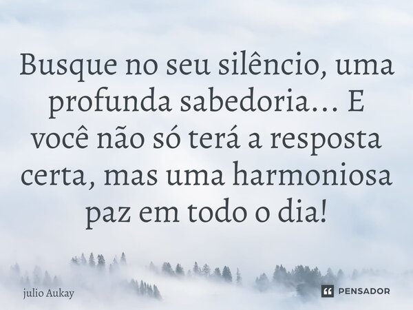 ⁠Busque no seu silêncio, uma profunda sabedoria... E você não só terá a resposta certa, mas uma harmoniosa paz em todo o dia!... Frase de Julio Aukay.
