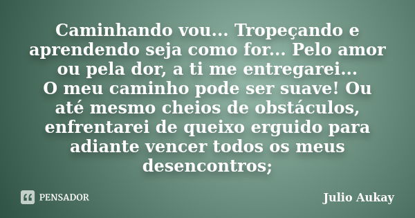 Caminhando vou... Tropeçando e aprendendo seja como for... Pelo amor ou pela dor, a ti me entregarei... O meu caminho pode ser suave! Ou até mesmo cheios de obs... Frase de Julio Aukay.