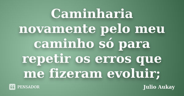 Caminharia novamente pelo meu caminho só para repetir os erros que me fizeram evoluir;... Frase de Julio Aukay.