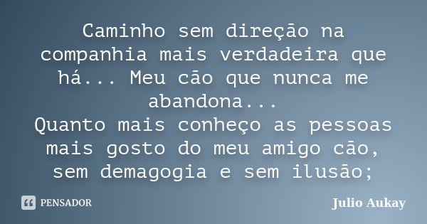 Caminho sem direção na companhia mais verdadeira que há... Meu cão que nunca me abandona... Quanto mais conheço as pessoas mais gosto do meu amigo cão, sem dema... Frase de Julio Aukay.