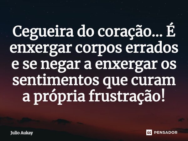⁠Cegueira do coração... É enxergar corpos errados e se negar a enxergar os sentimentos que curam a própria frustração!... Frase de Julio Aukay.