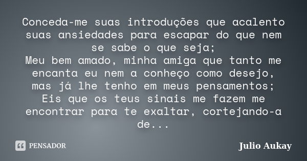 Conceda-me suas introduções que acalento suas ansiedades para escapar do que nem se sabe o que seja; Meu bem amado, minha amiga que tanto me encanta eu nem a co... Frase de Julio Aukay.