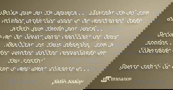 Deixa que eu te aqueça... Guardar-te-ei com as minhas próprias asas e te mostrarei todo afeto que tenho por você... Deixe-me te levar para realizar os teus sonh... Frase de Julio Aukay.