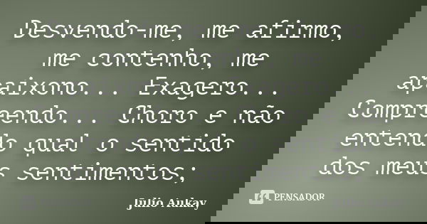 Desvendo-me, me afirmo, me contenho, me apaixono... Exagero... Compreendo... Choro e não entendo qual o sentido dos meus sentimentos;... Frase de Julio Aukay.