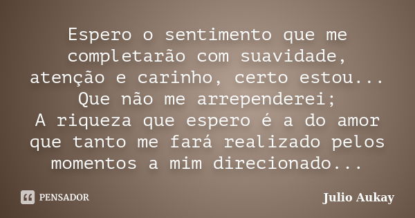 Espero o sentimento que me completarão com suavidade, atenção e carinho, certo estou... Que não me arrependerei; A riqueza que espero é a do amor que tanto me f... Frase de Julio Aukay.