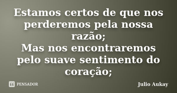 Estamos certos de que nos perderemos pela nossa razão; Mas nos encontraremos pelo suave sentimento do coração;... Frase de julio Aukay.