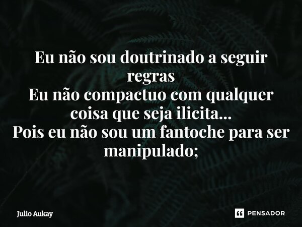 ⁠Eu não sou doutrinado a seguir regras Eu não compactuo com qualquer coisa que seja ilicita... Pois eu não sou um fantoche para ser manipulado;... Frase de Julio Aukay.