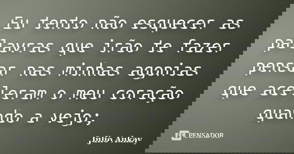 Eu tento não esquecer as palavras que irão te fazer pensar nas minhas agonias que aceleram o meu coração quando a vejo;... Frase de Julio Aukay.