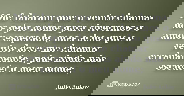 Me falaram que o vento chama-nos pelo nome para vivermos o amor esperado, mas acho que o vento deve me chamar erradamente, pois ainda não escutei o meu nome;... Frase de Julio Aukay.