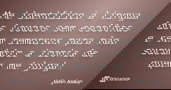 Me identifico à língua dos loucos sem escolhas e sem remorsos para não sucumbir a ironia de quem me julga!... Frase de Julio Aukay.