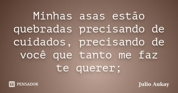 Minhas asas estão quebradas precisando de cuidados, precisando de você que tanto me faz te querer;... Frase de Julio Aukay.