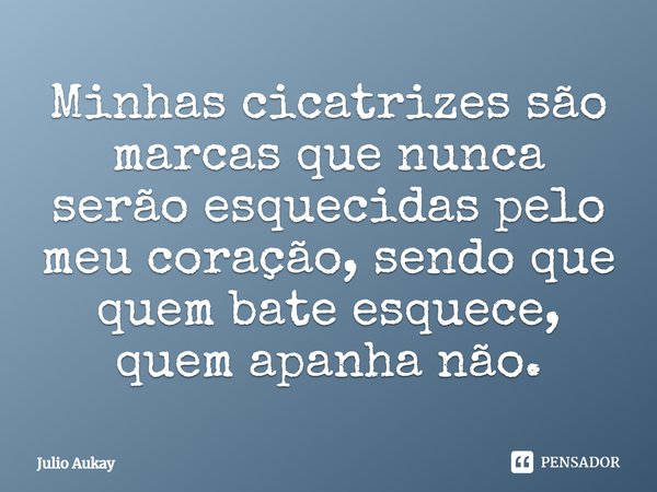 Minhas cicatrizes são marcas que nunca serão esquecidas pelo meu coração, sendo que quem bate esquece, quem apanha não.... Frase de Julio Aukay.