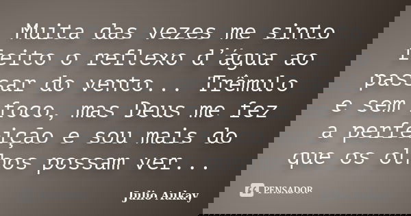 Muita das vezes me sinto feito o reflexo d’água ao passar do vento... Trêmulo e sem foco, mas Deus me fez a perfeição e sou mais do que os olhos possam ver...... Frase de Julio Aukay.