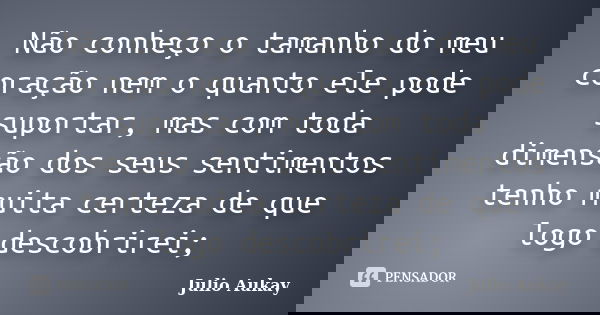 Não conheço o tamanho do meu coração nem o quanto ele pode suportar, mas com toda dimensão dos seus sentimentos tenho muita certeza de que logo descobrirei;... Frase de Julio Aukay.