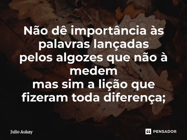 ⁠Não dê importância às palavras lançadas pelos algozes que não à medem mas sim a lição que fizeram toda diferença;... Frase de Julio Aukay.