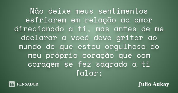 Não deixe meus sentimentos esfriarem em relação ao amor direcionado a ti, mas antes de me declarar a você devo gritar ao mundo de que estou orgulhoso do meu pró... Frase de Julio Aukay.