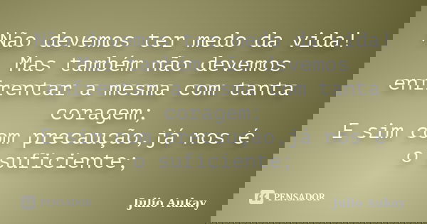 Não devemos ter medo da vida! Mas também não devemos enfrentar a mesma com tanta coragem; E sim com precaução,já nos é o suficiente;... Frase de julio Aukay.