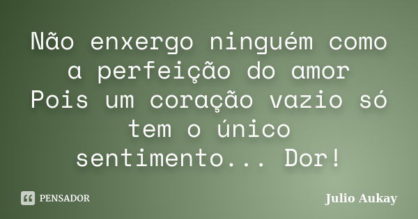 Não enxergo ninguém como a perfeição do amor Pois um coração vazio só tem o único sentimento... Dor!... Frase de Julio Aukay.