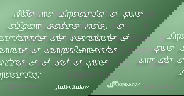 Não me importa o que digam sobre nós, o importante de verdade é que somos o complemento um do outro e é só o que importa;... Frase de Julio Aukay.