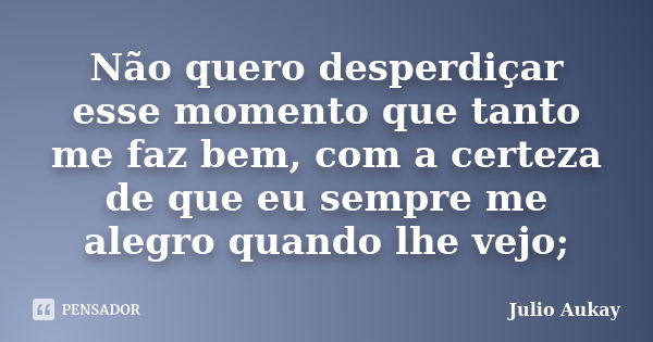 Não quero desperdiçar esse momento que tanto me faz bem, com a certeza de que eu sempre me alegro quando lhe vejo;... Frase de Julio Aukay.