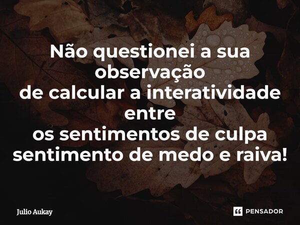 ⁠Não questionei a sua observação de calcular a interatividade entre os sentimentos de culpa sentimento de medo e raiva!... Frase de Julio Aukay.