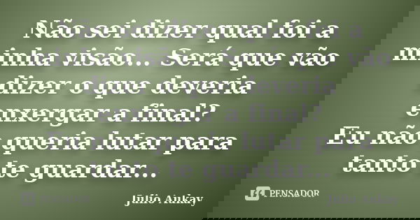 Não sei dizer qual foi a minha visão... Será que vão dizer o que deveria enxergar a final? Eu não queria lutar para tanto te guardar...... Frase de Julio Aukay.