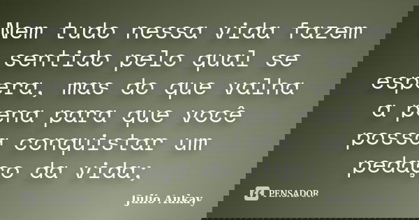 Nem tudo nessa vida fazem sentido pelo qual se espera, mas do que valha a pena para que você possa conquistar um pedaço da vida;... Frase de Julio Aukay.