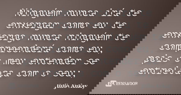 Ninguém nunca irá te enxergar como eu te enxergo nunca ninguém te compreenderá como eu, pois o meu entender se entrelaça com o seu;... Frase de Julio Aukay.