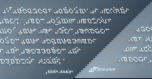 O descaso abalou a minha paz, por algum motivo casual que me fez pensar no valor que esquecemos um dia de perceber da nossa própria vida;... Frase de Julio Aukay.