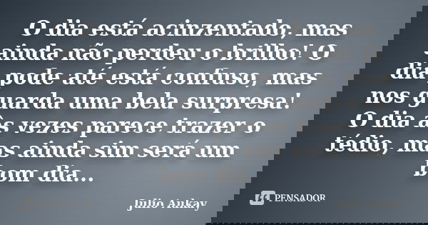 O dia está acinzentado, mas ainda não perdeu o brilho! O dia pode até está confuso, mas nos guarda uma bela surpresa! O dia às vezes parece trazer o tédio, mas ... Frase de Julio Aukay.