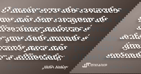 O maior erro dos covardes que não tem coragem de direcionar palavras é achar que todo mundo é ignorante para não entender a alfinetada;... Frase de Julio Aukay.