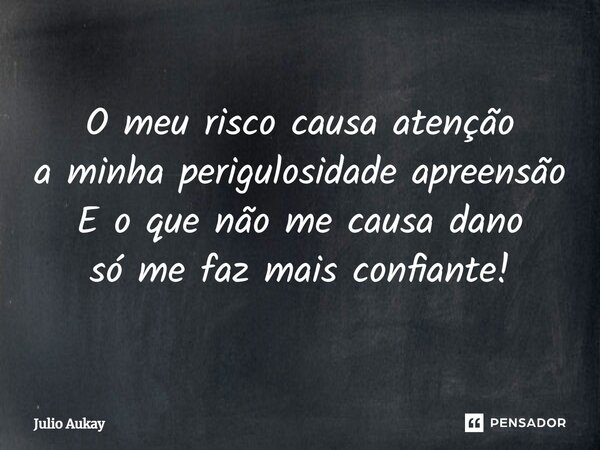 ⁠O meu risco causa atenção a minha periculosidade apreensão E o que não me causa dano só me faz mais confiante!... Frase de Julio Aukay.