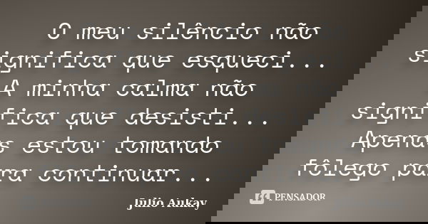 O meu silêncio não significa que esqueci... A minha calma não significa que desisti... Apenas estou tomando fôlego para continuar...... Frase de Julio Aukay.