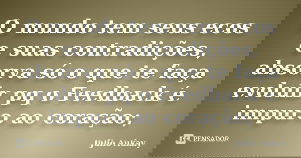 O mundo tem seus ecos e suas contradições, absorva só o que te faça evoluir pq o Feedback é impuro ao coração;... Frase de Julio Aukay.