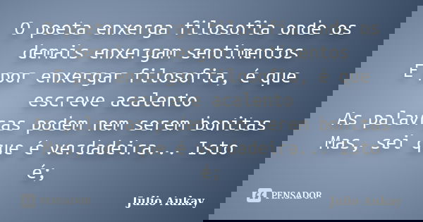 O poeta enxerga filosofia onde os demais enxergam sentimentos E por enxergar filosofia, é que escreve acalento As palavras podem nem serem bonitas Mas, sei que ... Frase de Julio Aukay.