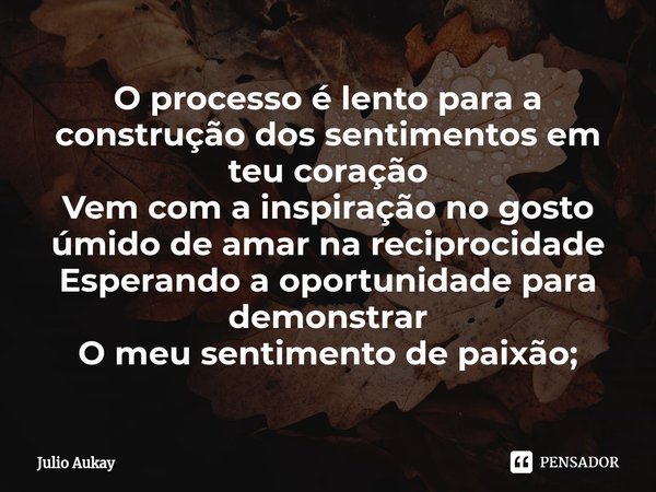 ⁠O processo é lento para a construção dos sentimentos em teu coração
Vem com a inspiração no gosto úmido de amar na reciprocidade
Esperando a oportunidade para ... Frase de Julio Aukay.