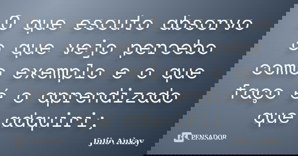 O que escuto absorvo o que vejo percebo como exemplo e o que faço é o aprendizado que adquiri;... Frase de Julio Aukay.