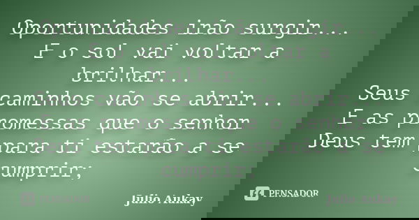 Oportunidades irão surgir... E o sol vai voltar a brilhar... Seus caminhos vão se abrir... E as promessas que o senhor Deus tem para ti estarão a se cumprir;... Frase de Julio Aukay.