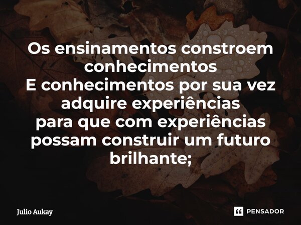 ⁠Os ensinamentos constroem conhecimentos E conhecimentos por sua vez adquire experiências para que com experiências possam construir um futuro brilhante;... Frase de Julio Aukay.