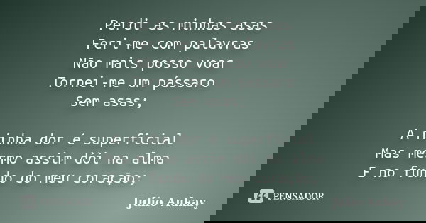 Perdi as minhas asas Feri-me com palavras Não mais posso voar Tornei-me um pássaro Sem asas; A minha dor é superficial Mas mesmo assim dói na alma E no fundo do... Frase de Julio Aukay.