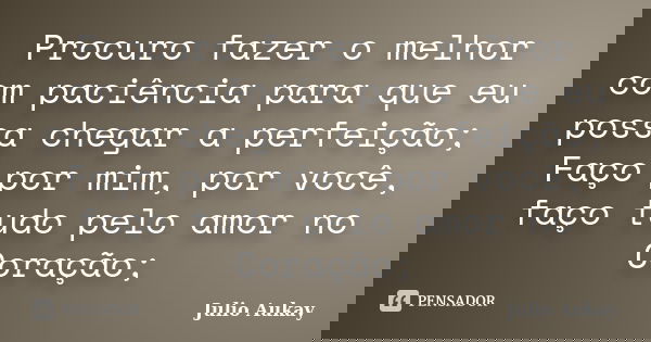 Procuro fazer o melhor com paciência para que eu possa chegar a perfeição; Faço por mim, por você, faço tudo pelo amor no Coração;... Frase de Julio Aukay.