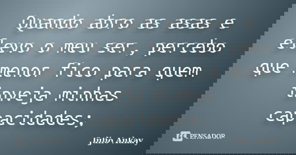 Quando abro as asas e elevo o meu ser, percebo que menor fico para quem inveja minhas capacidades;... Frase de Julio Aukay.