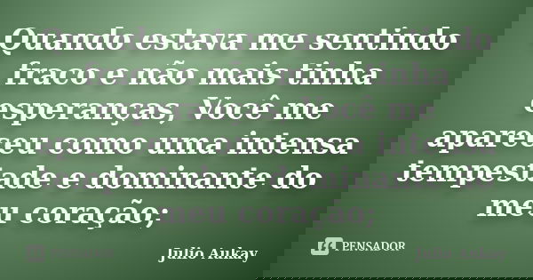 Quando estava me sentindo fraco e não mais tinha esperanças, Você me apareceu como uma intensa tempestade e dominante do meu coração;... Frase de Julio Aukay.