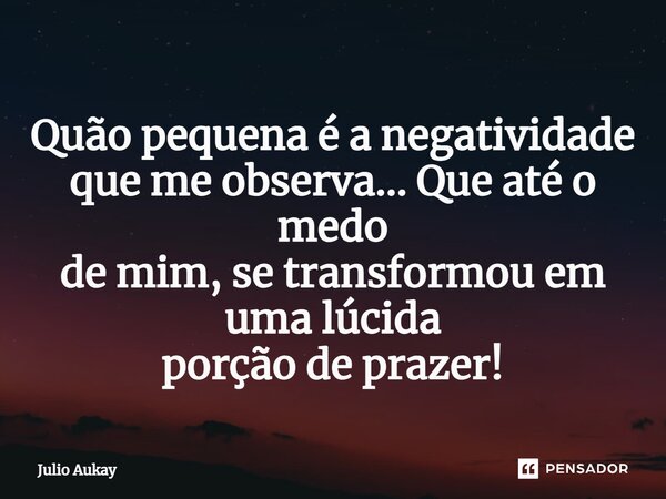 ⁠Quão pequena é a negatividade que me observa... Que até o medo de mim, se transformou em uma lúcida porção de prazer!... Frase de Julio Aukay.