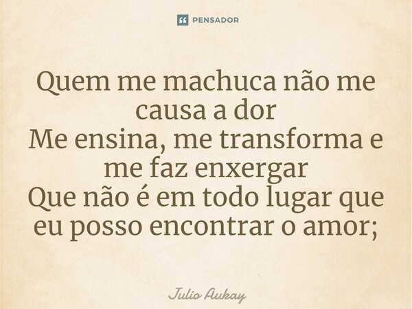 ⁠Quem me machuca não me causa a dor Me ensina, me transforma e me faz enxergar Que não é em todo lugar que eu posso encontrar o amor;... Frase de Julio Aukay.