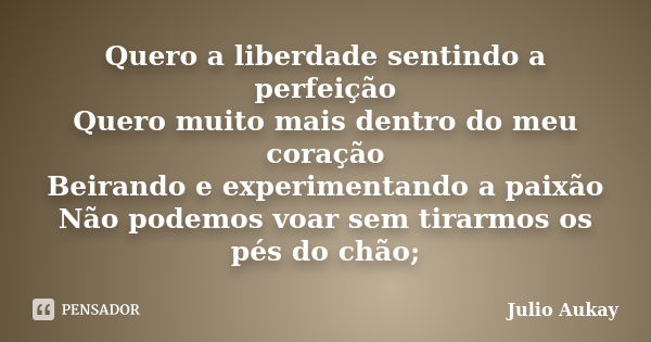 Quero a liberdade sentindo a perfeição Quero muito mais dentro do meu coração Beirando e experimentando a paixão Não podemos voar sem tirarmos os pés do chão;... Frase de Julio Aukay.