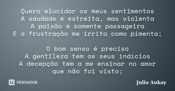 Quero elucidar os meus sentimentos A saudade é estreita, mas violenta A paixão é somente passageira E a frustração me irrita como pimenta; O bom senso é preciso... Frase de Julio Aukay.