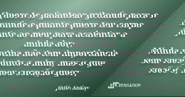 Quero te galantear gritando para o mundo o quanto quero teu corpo junto ao meu para acalentar a minha dor; Minha rotina não tem importância sem você junto a mim... Frase de Julio Aukay.