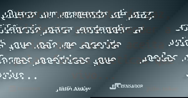 Quero um momento de paz, silêncio para entender a vida que não me aceita pelas formas poéticas que vivo...... Frase de Julio Aukay.