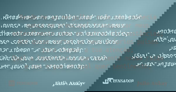 Rende-me ao mergulhar onde não conhecia nunca me preocupei transpassar meus entendimento como em outras circunstâncias; Até quase cortei os meus próprios pulsos... Frase de Julio Aukay.